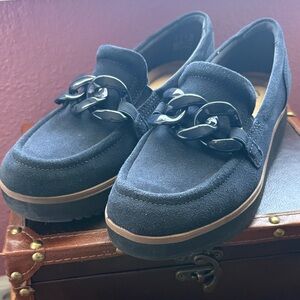 Clarks Navy Suede Loafers with Chain Accent